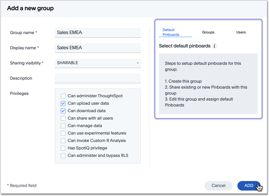 Add a new group > Default Pinboards