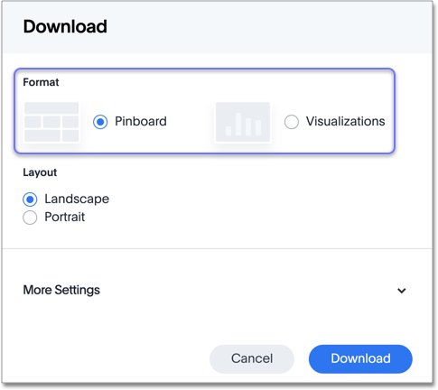 Choose PDF format: Pinboard or Visualizations