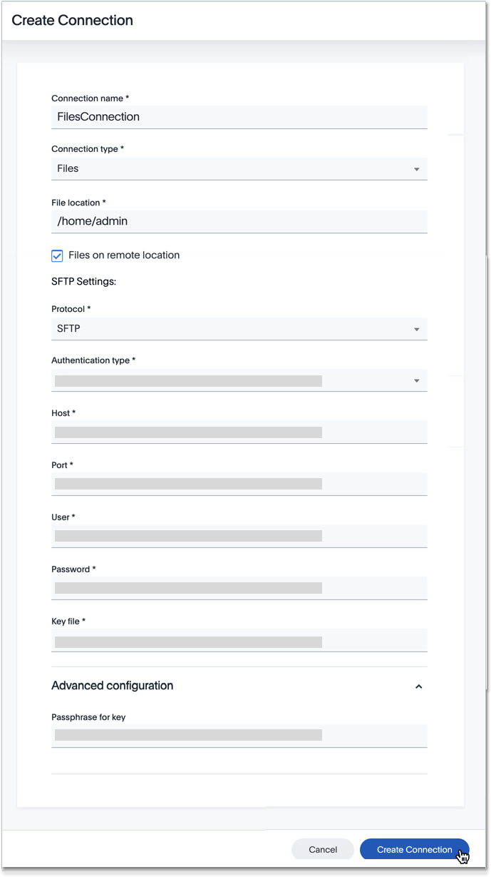 Add an SFTP connection to a remote file, with key authentication