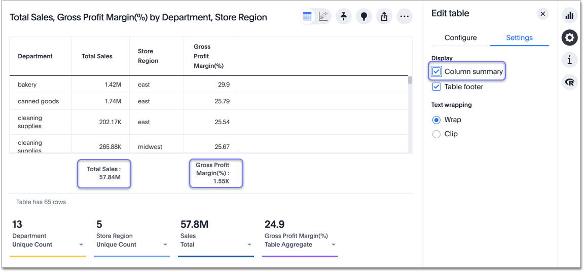 Enable or disable column summaries