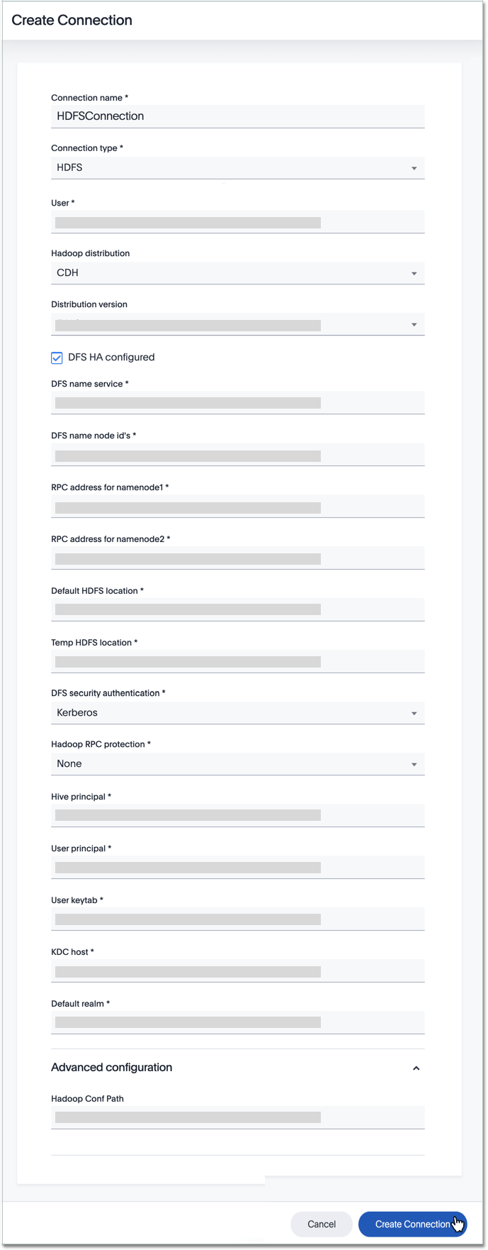 Add a connection to HDFS with DFS-HA and Kerberos authentication